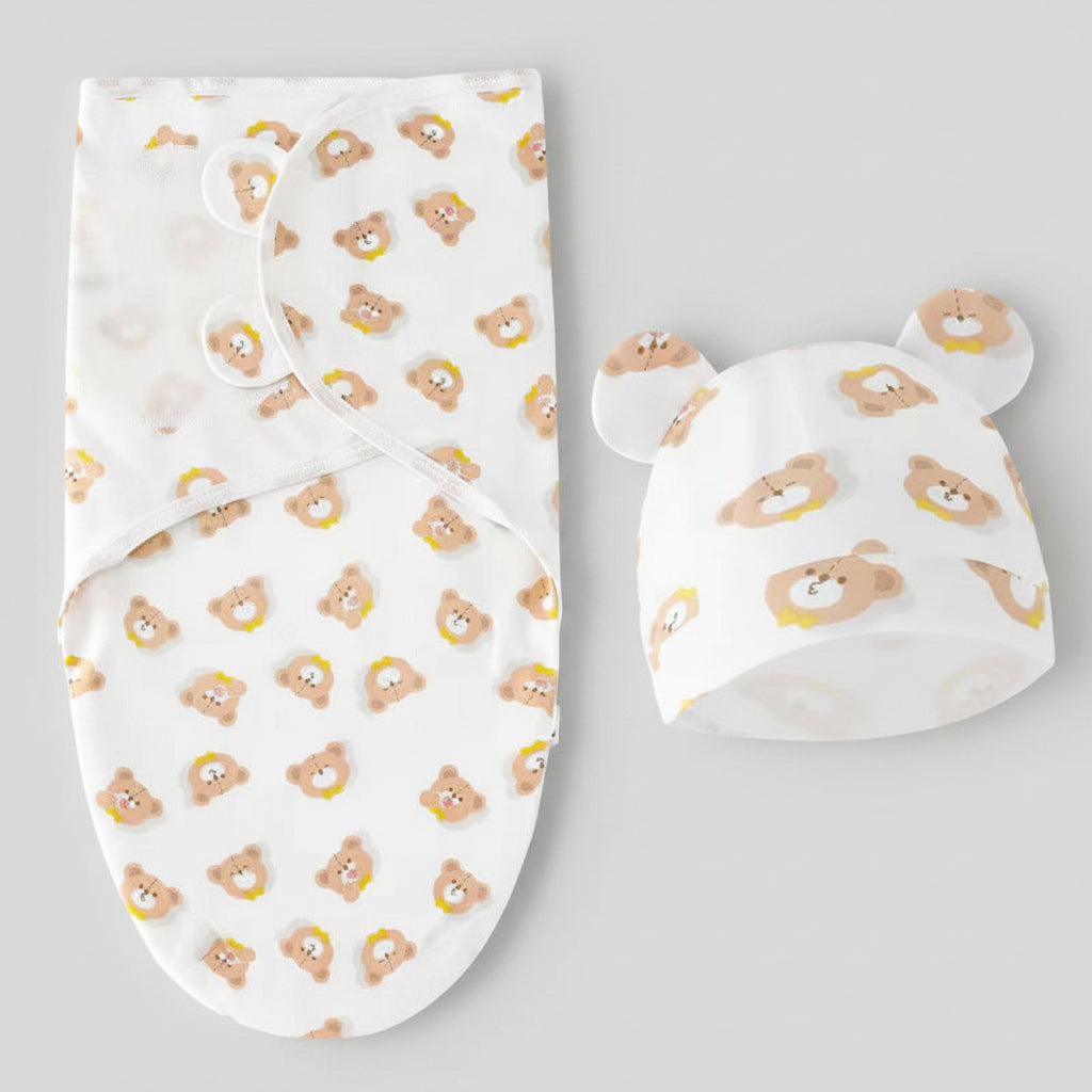 Baby Swaddle Blanket & Hat Set — 100% Cotton, Cartoon Print, 0-6M
