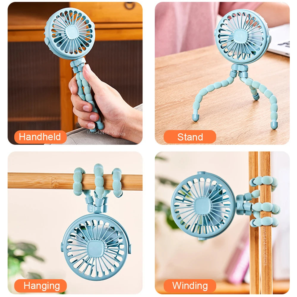 Portable Baby Stroller Fan  360° Flexible Clip-On, USB Rechargeable