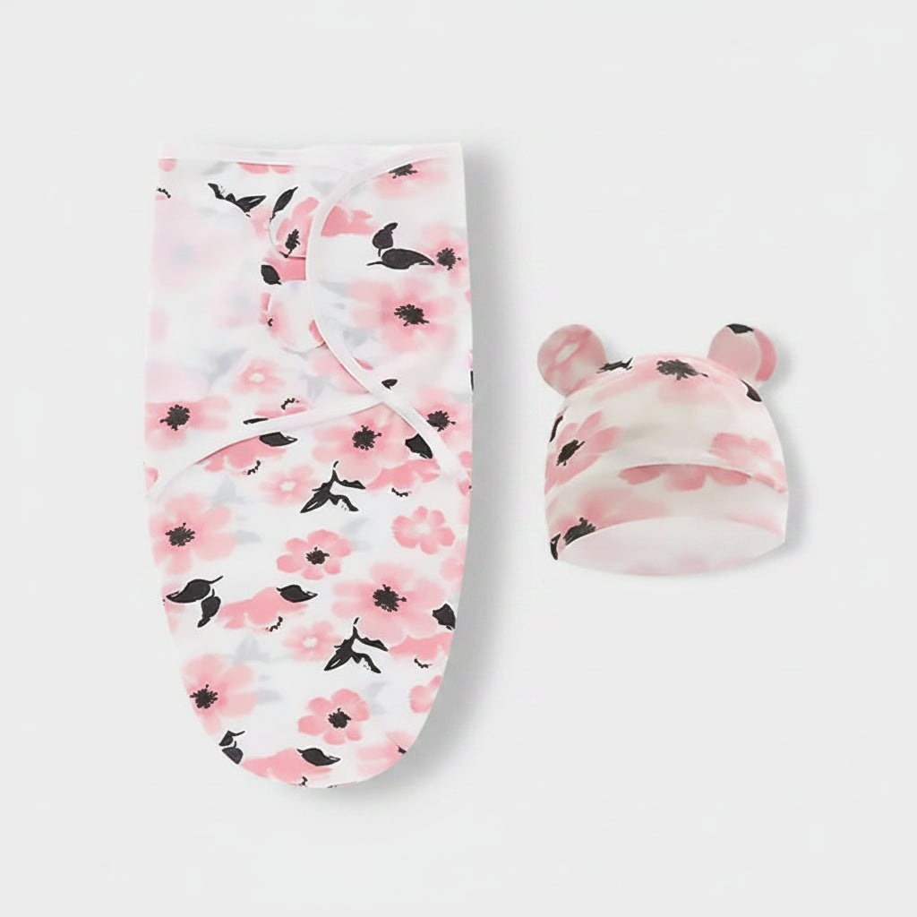 Baby Swaddle Blanket & Hat Set — 100% Cotton, Cartoon Print, 0-6M