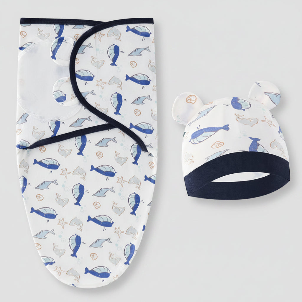 Baby Swaddle Blanket & Hat Set — 100% Cotton, Cartoon Print, 0-6M