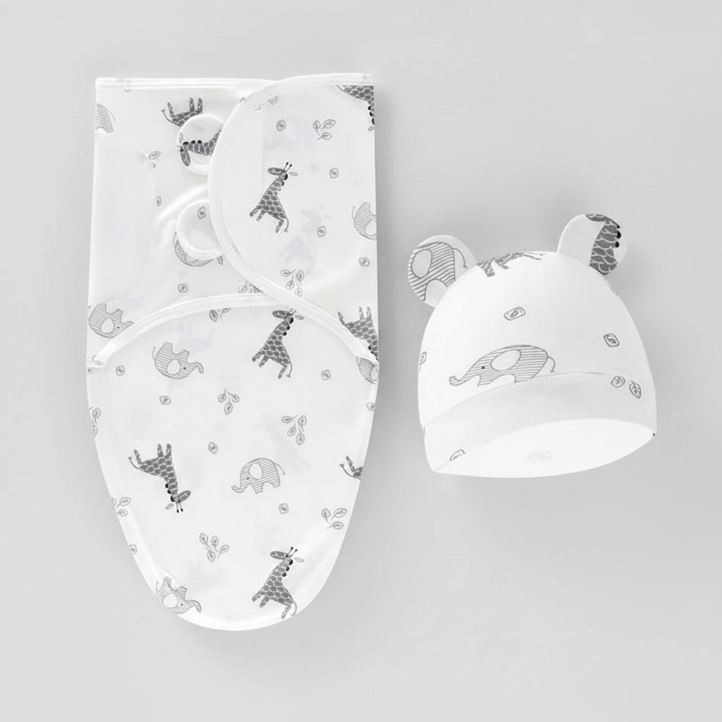 Baby Swaddle Blanket & Hat Set — 100% Cotton, Cartoon Print, 0-6M