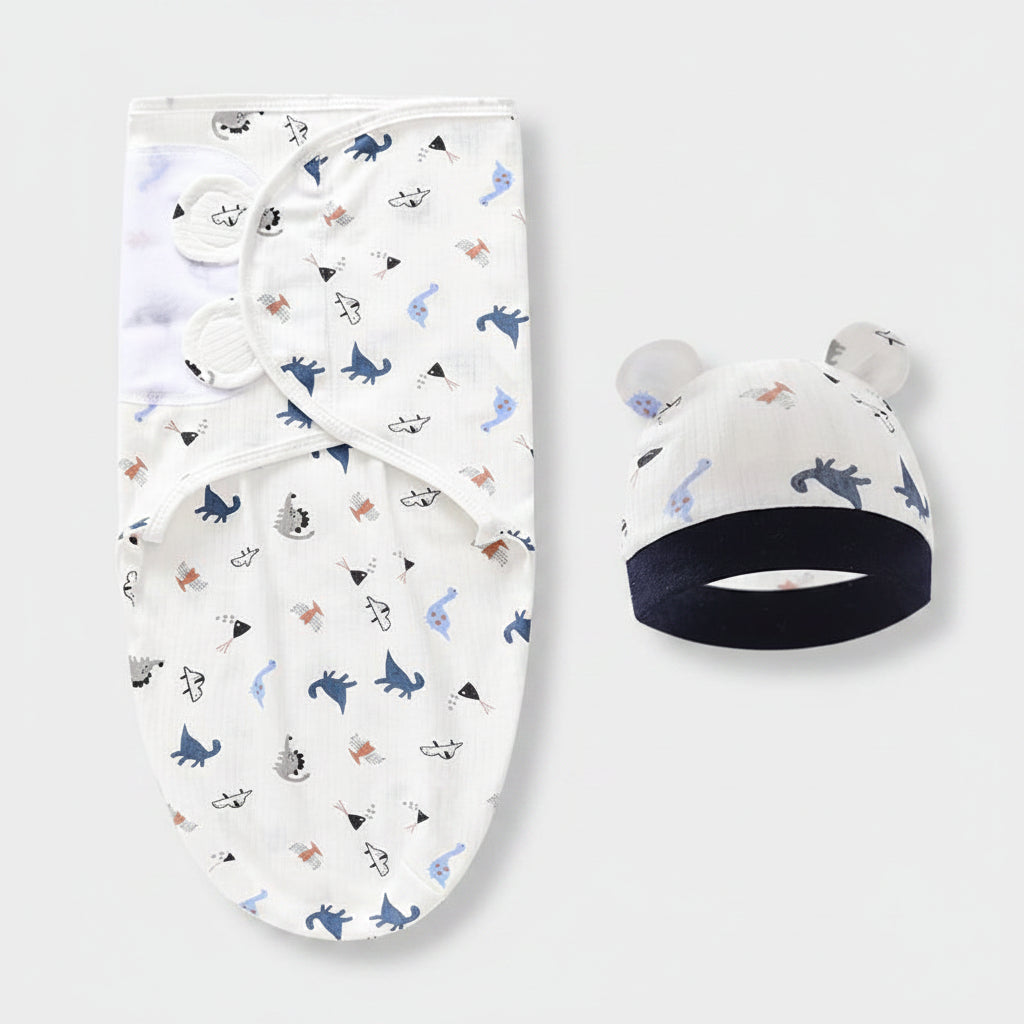 Baby Swaddle Blanket & Hat Set — 100% Cotton, Cartoon Print, 0-6M