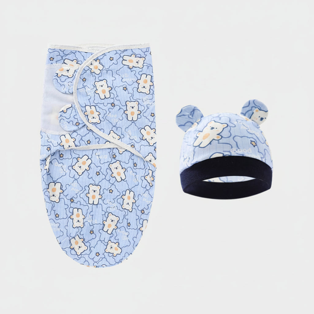 Baby Swaddle Blanket & Hat Set — 100% Cotton, Cartoon Print, 0-6M