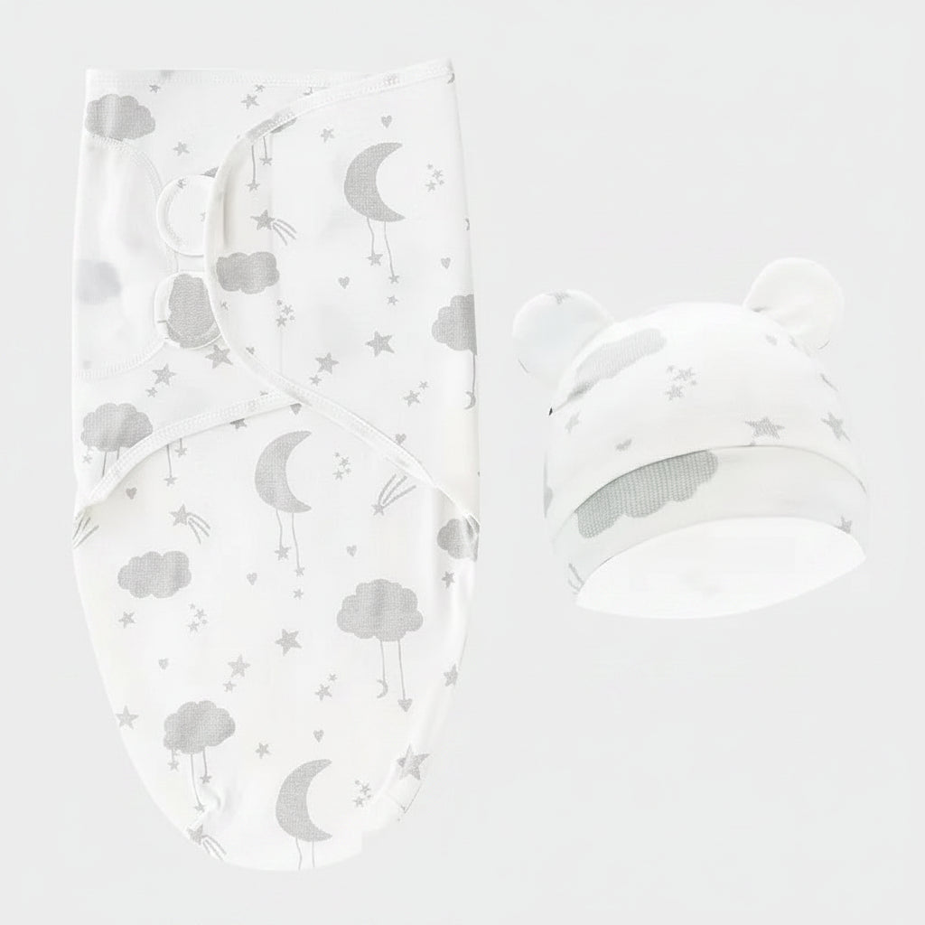 Baby Swaddle Blanket & Hat Set — 100% Cotton, Cartoon Print, 0-6M
