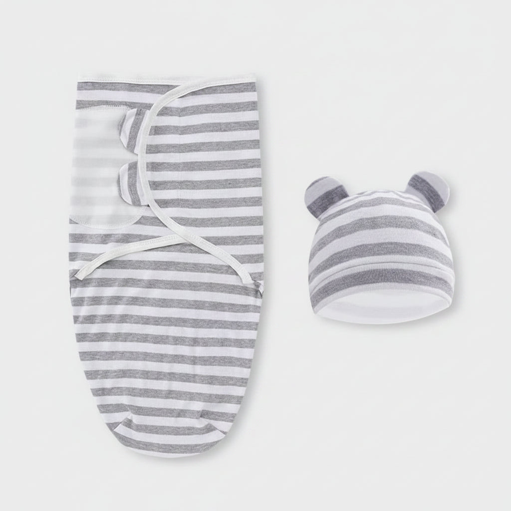 Baby Swaddle Blanket & Hat Set — 100% Cotton, Cartoon Print, 0-6M