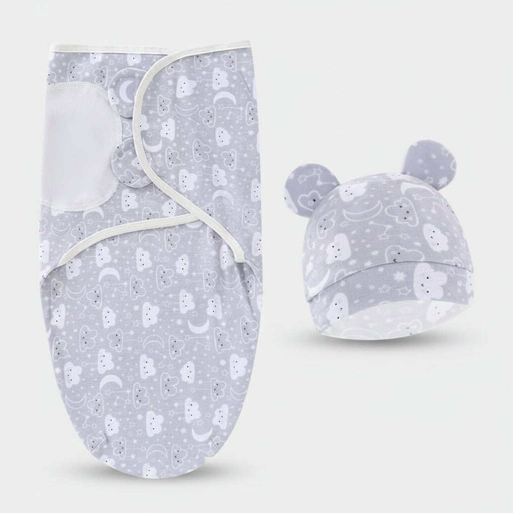 Baby Swaddle Blanket & Hat Set — 100% Cotton, Cartoon Print, 0-6M
