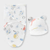Baby Swaddle Blanket & Hat Set — 100% Cotton, Cartoon Print, 0-6M
