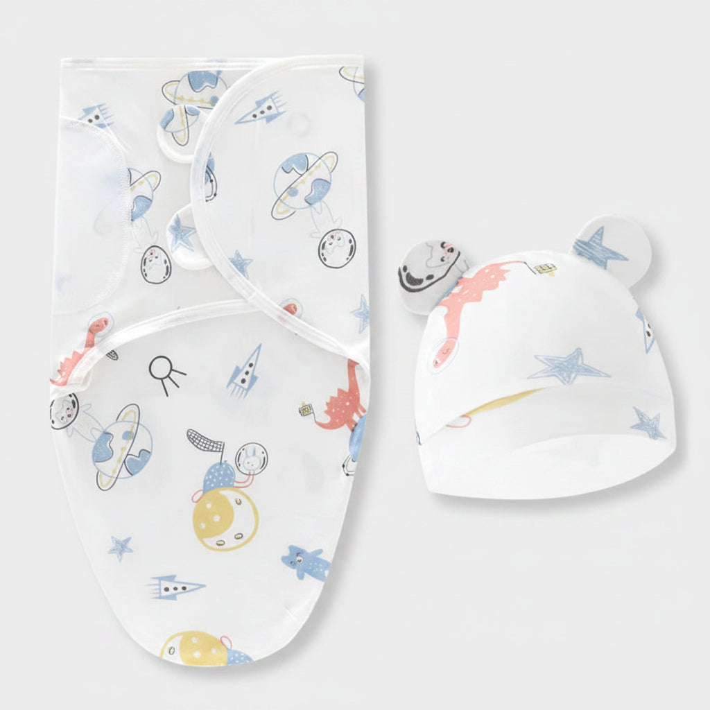 Baby Swaddle Blanket & Hat Set — 100% Cotton, Cartoon Print, 0-6M