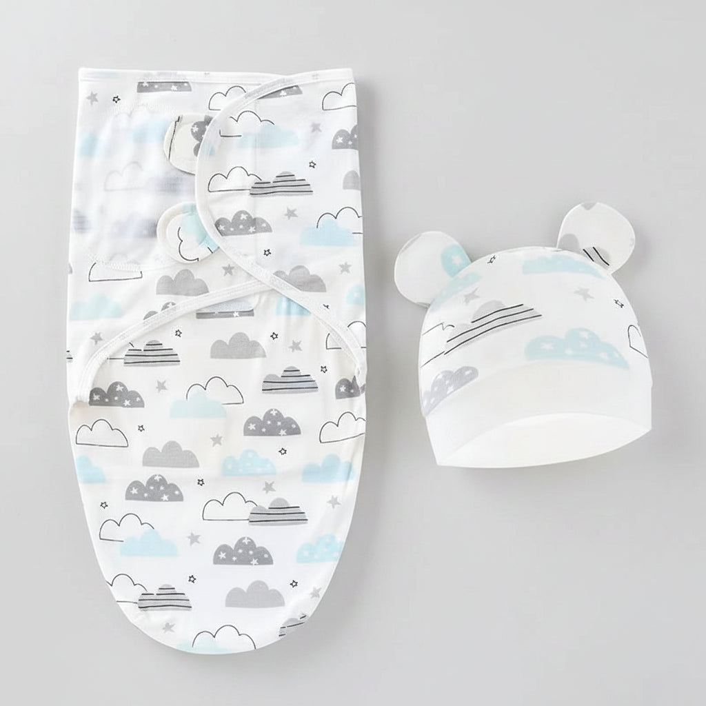 Baby Swaddle Blanket & Hat Set — 100% Cotton, Cartoon Print, 0-6M