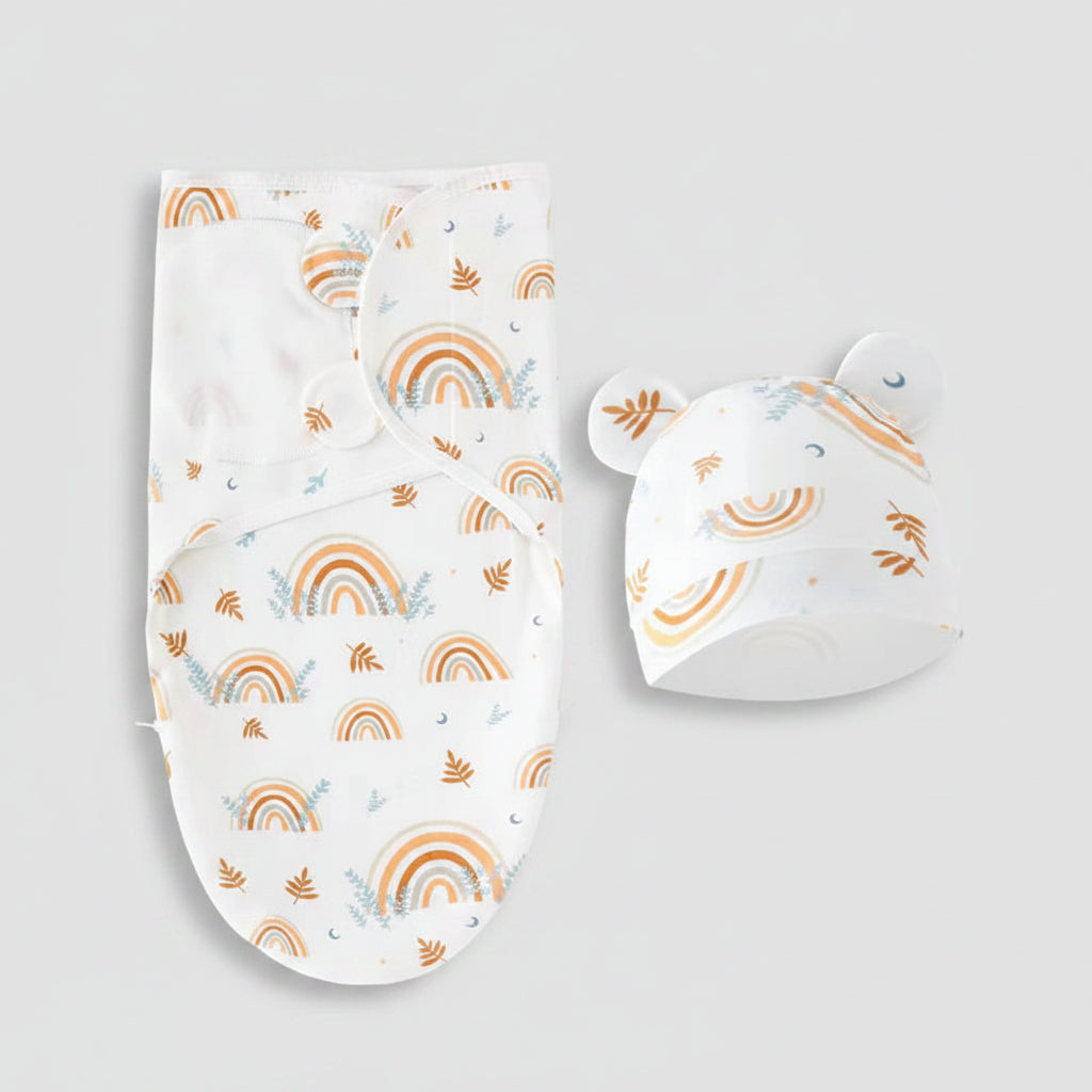 Baby Swaddle Blanket & Hat Set — 100% Cotton, Cartoon Print, 0-6M