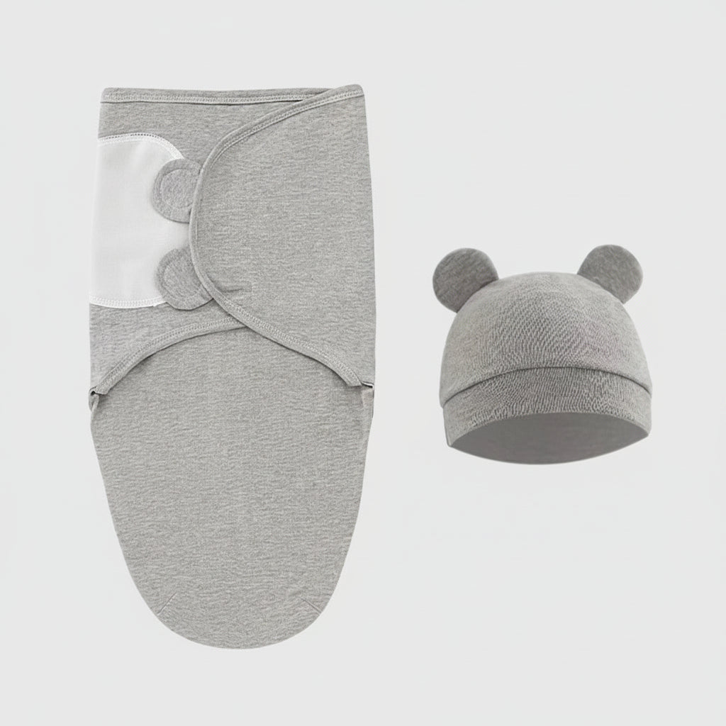 Baby Swaddle Blanket & Hat Set — 100% Cotton, Cartoon Print, 0-6M