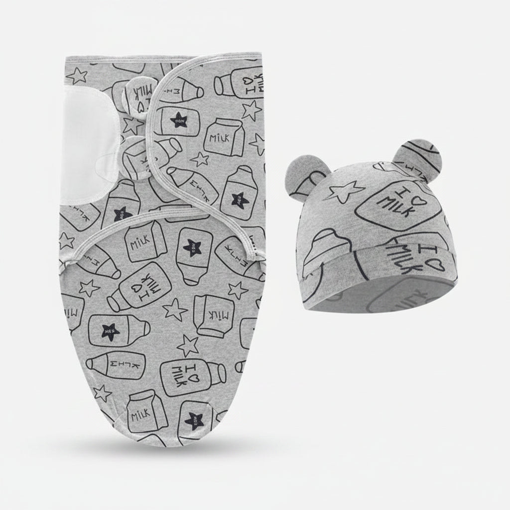 Baby Swaddle Blanket & Hat Set — 100% Cotton, Cartoon Print, 0-6M
