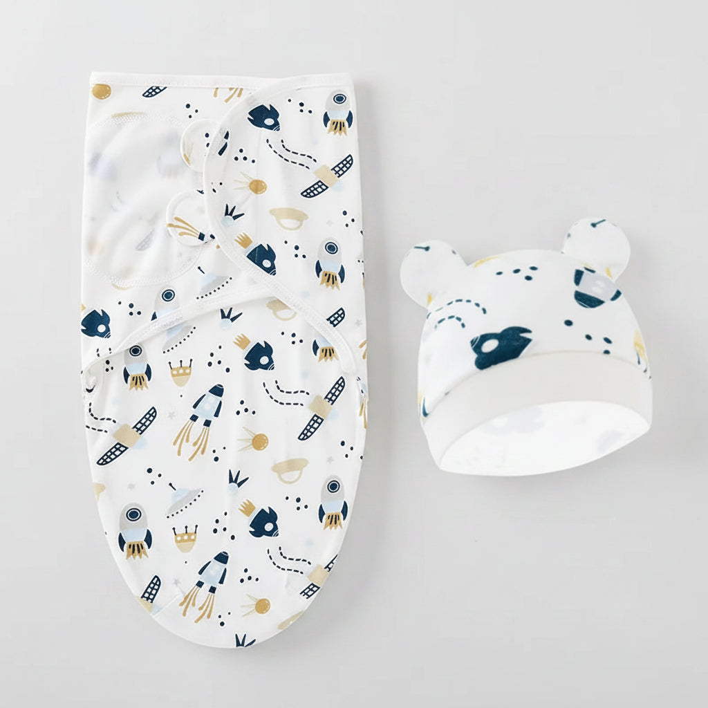 Baby Swaddle Blanket & Hat Set — 100% Cotton, Cartoon Print, 0-6M