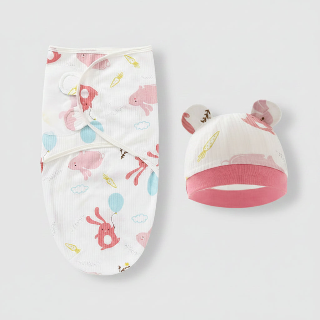 Baby Swaddle Blanket & Hat Set — 100% Cotton, Cartoon Print, 0-6M