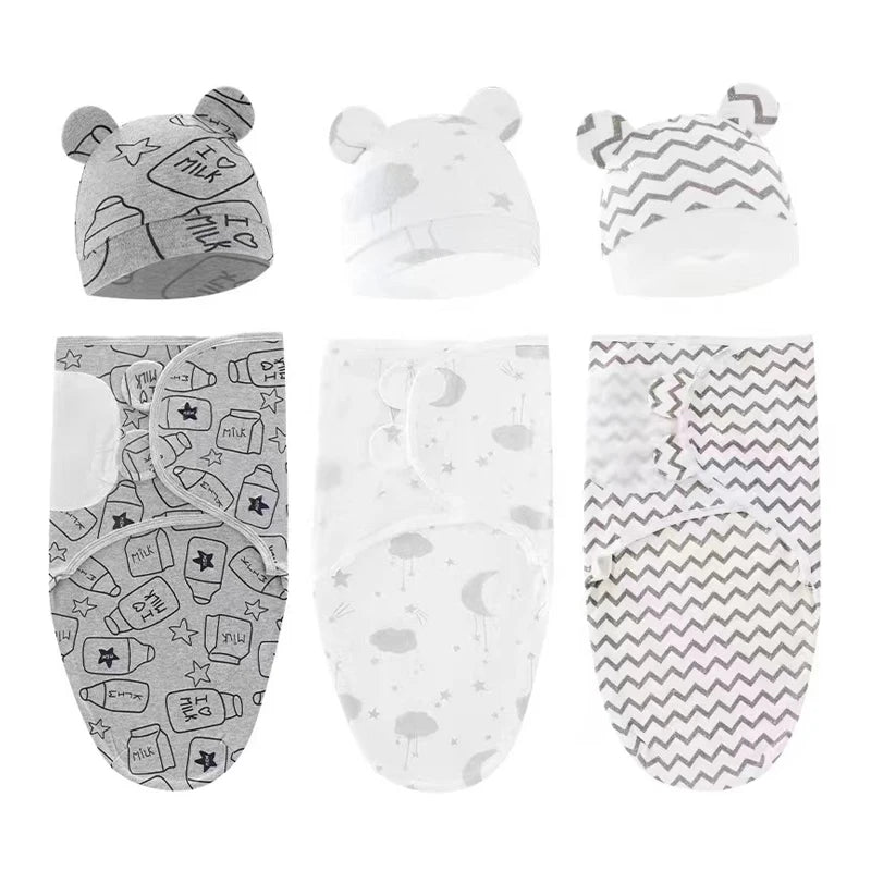 Baby Swaddle Blanket & Hat Set — 100% Cotton, Cartoon Print, 0-6M